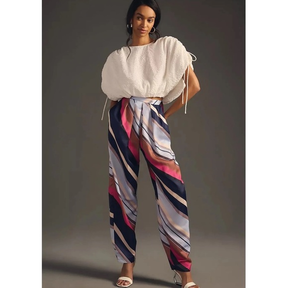 By Anthropologie Silky Balloon Pants New ANTHRO Striped Slacks Pink Blue Cream - Picture 1 of 6